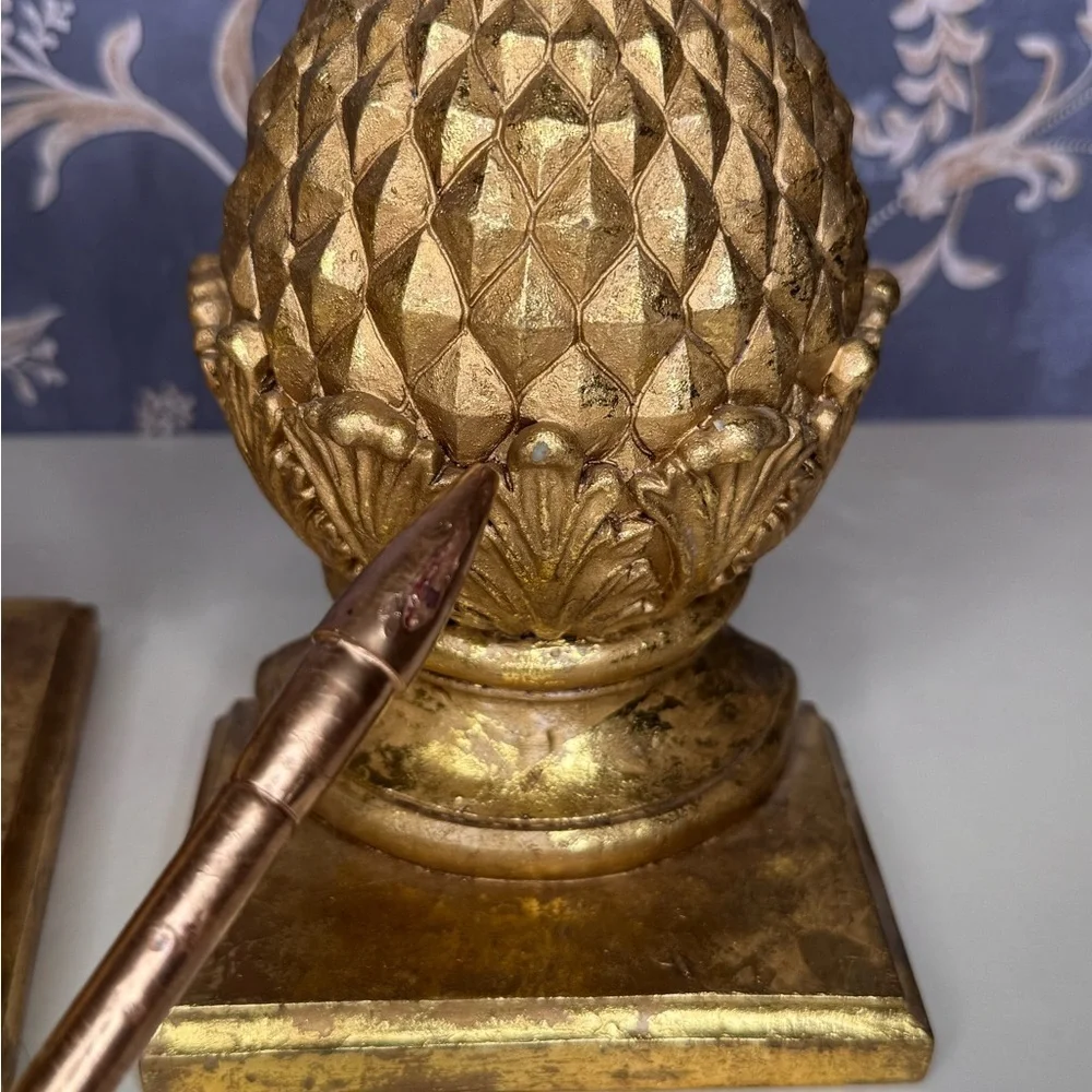 Vintage Estate Wooden Pinecone Bookends Pair | Heavy Solid Wood Gold Finish